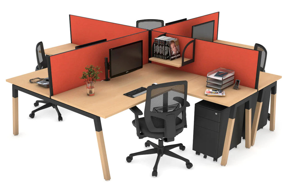 Quadro Wood A Legs Cross Beam 4 Person Corner Workstation [1400L x 1800W with Cable Scallop]-black leg maple squash orange