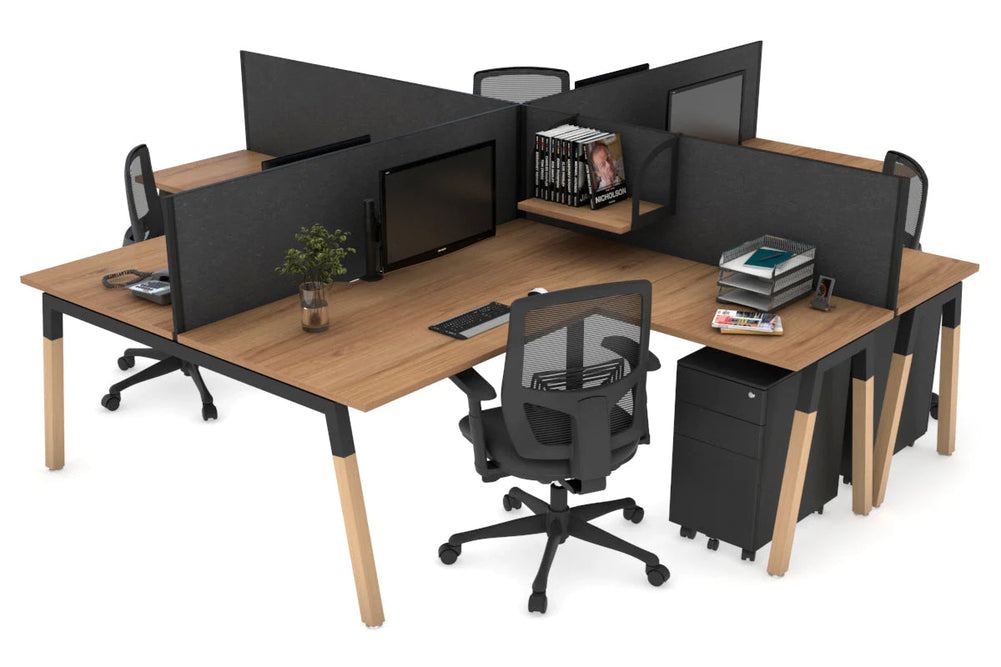 Quadro Wood A Legs Cross Beam 4 Person Corner Workstation [1400L x 1800W with Cable Scallop]-black leg salvage oak moody charcoal
