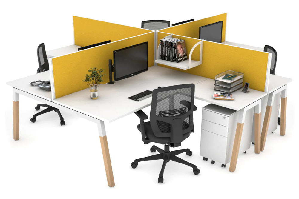 Quadro Wood A Legs Cross Beam 4 Person Corner Workstation [1400L x 1800W with Cable Scallop]-white leg white mustard yellow