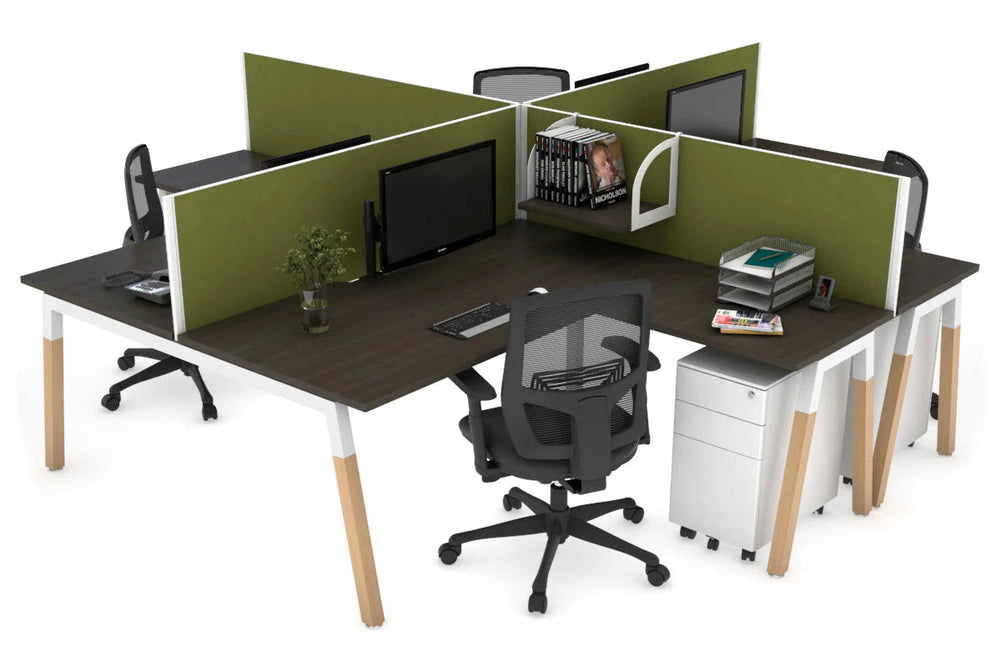 Quadro Wood A Legs Cross Beam 4 Person Corner Workstation [1400L x 1800W with Cable Scallop]-white leg dark oak green moss