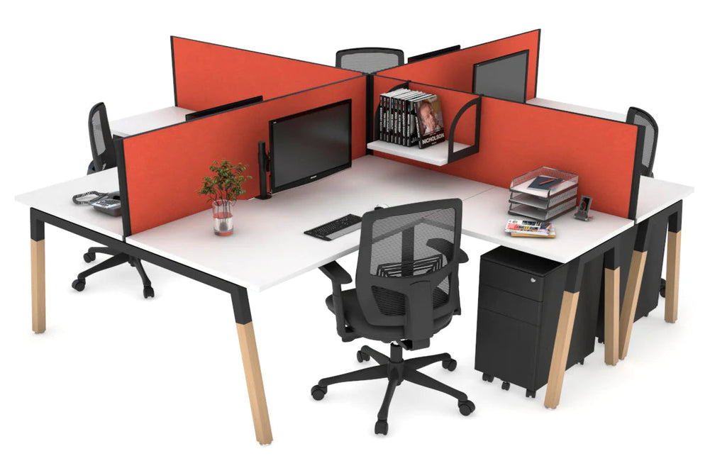 Quadro Wood A Legs Cross Beam 4 Person Corner Workstation [1400L x 1800W with Cable Scallop]-black leg white squash orange