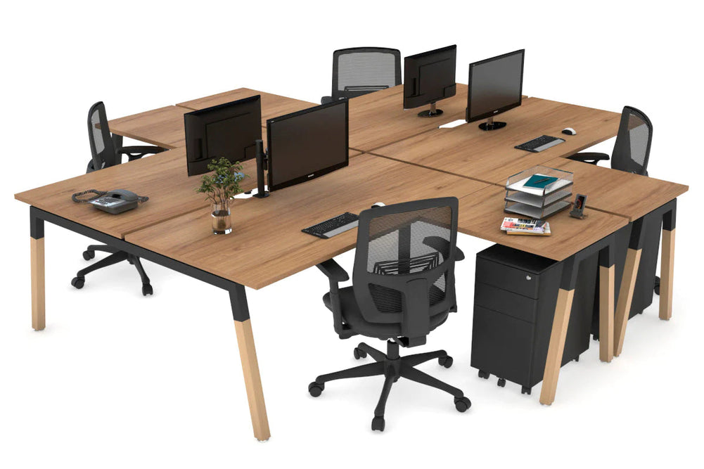 Quadro Wood A Legs Cross Beam 4 Person Corner Workstation [1400L x 1800W with Cable Scallop]-black leg salvage oak none