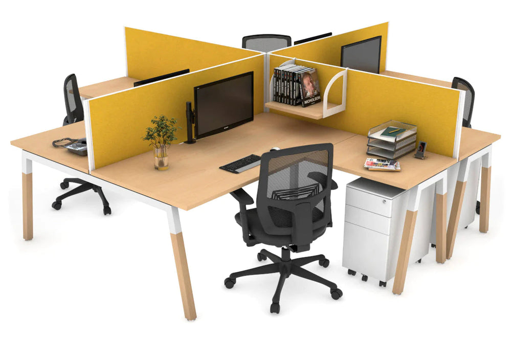 Quadro Wood A Legs Cross Beam 4 Person Corner Workstation [1400L x 1800W with Cable Scallop]-white leg maple mustard yellow