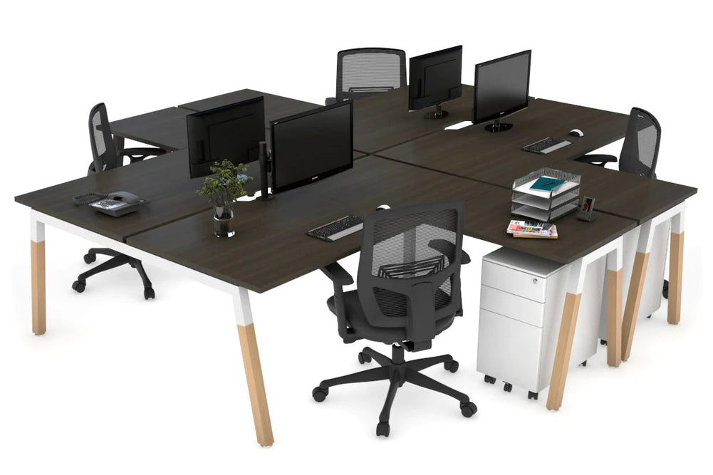 Quadro Wood A Legs Cross Beam 4 Person Corner Workstation [1400L x 1800W with Cable Scallop]-white leg dark oak none