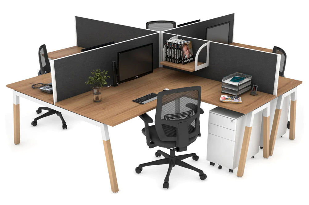 Quadro Wood A Legs Cross Beam 4 Person Corner Workstation [1400L x 1800W with Cable Scallop]-white leg salvage oak moody charcoal