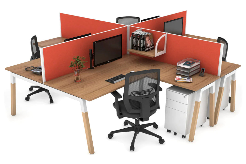 Quadro Wood A Legs Cross Beam 4 Person Corner Workstation [1400L x 1800W with Cable Scallop]-white leg salvage oak squash orange