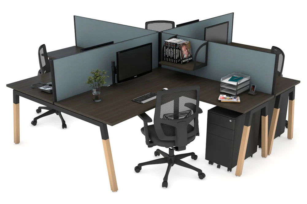 Quadro Wood A Legs Cross Beam 4 Person Corner Workstation [1400L x 1800W with Cable Scallop]-black leg dark oak cool grey