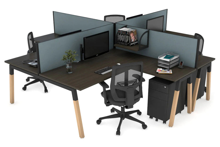 Quadro Wood A Leg Cross Beam 4 Person Corner Workstations [1400L x 1800W with Cable Scallop] Jasonl black leg dark oak cool grey