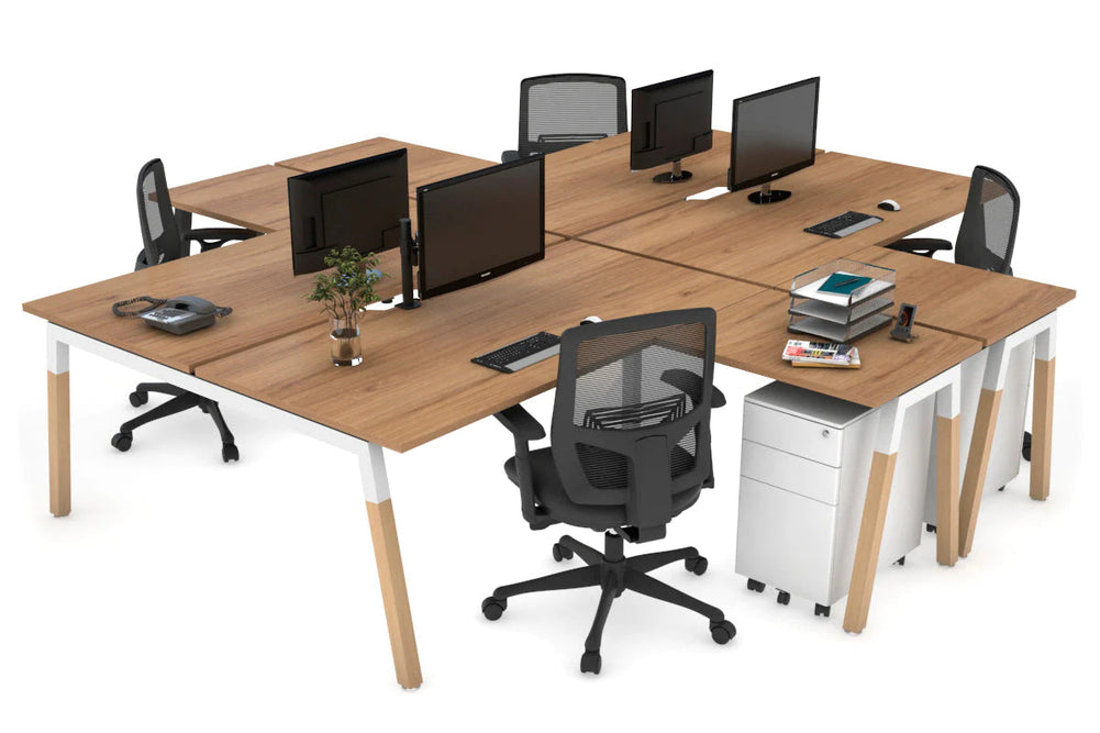 Quadro Wood A Legs Cross Beam 4 Person Corner Workstation [1400L x 1800W with Cable Scallop]-white leg salvage oak none