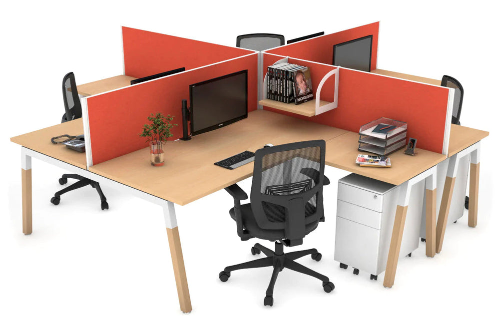 Quadro Wood A Legs Cross Beam 4 Person Corner Workstation [1400L x 1800W with Cable Scallop]-white leg maple squash orange