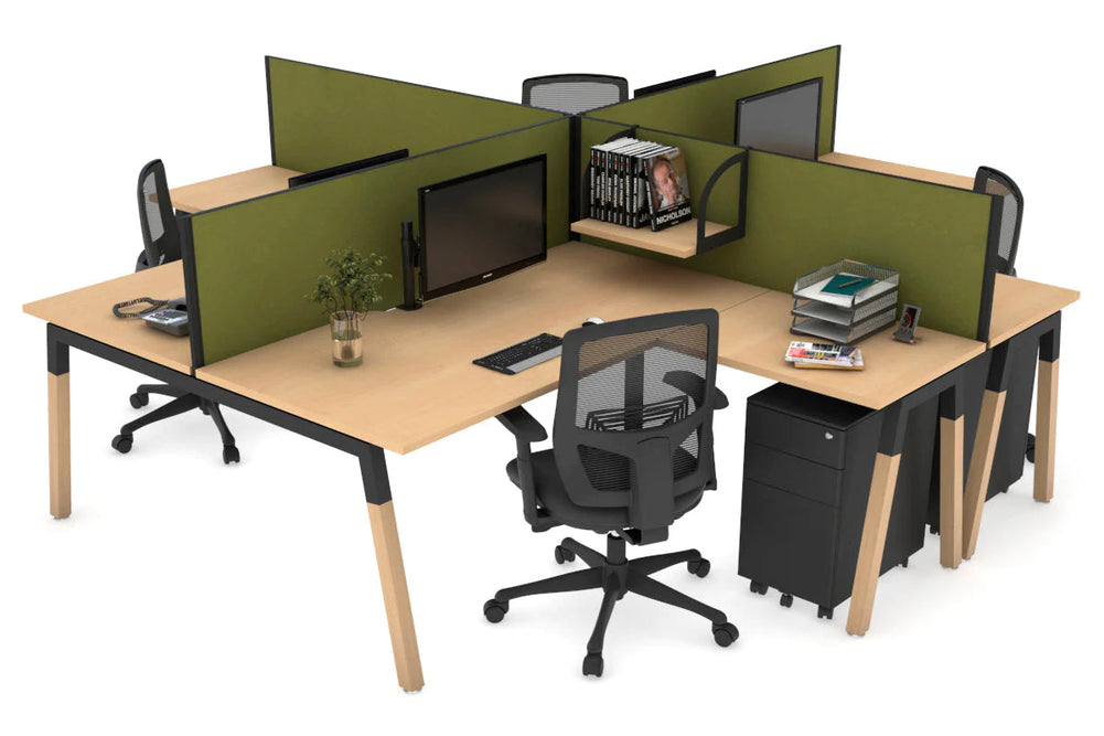 Quadro Wood A Legs Cross Beam 4 Person Corner Workstation [1400L x 1800W with Cable Scallop]-black leg maple green moss