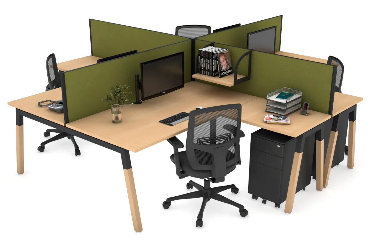 Quadro Wood A Leg Cross Beam 4 Person Corner Workstations [1400L x 1800W with Cable Scallop] Jasonl black leg maple green moss