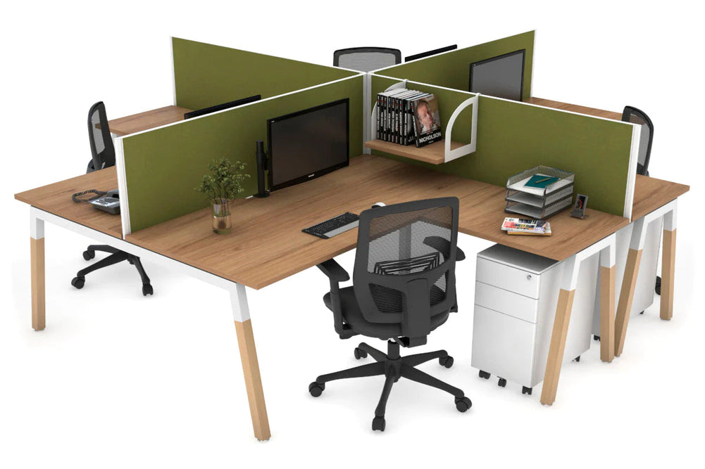 Quadro Wood A Legs Cross Beam 4 Person Corner Workstation [1400L x 1800W with Cable Scallop]-white leg salvage oak green moss