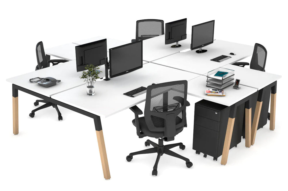 Quadro Wood A Legs Cross Beam 4 Person Corner Workstation [1400L x 1800W with Cable Scallop]-black leg white none