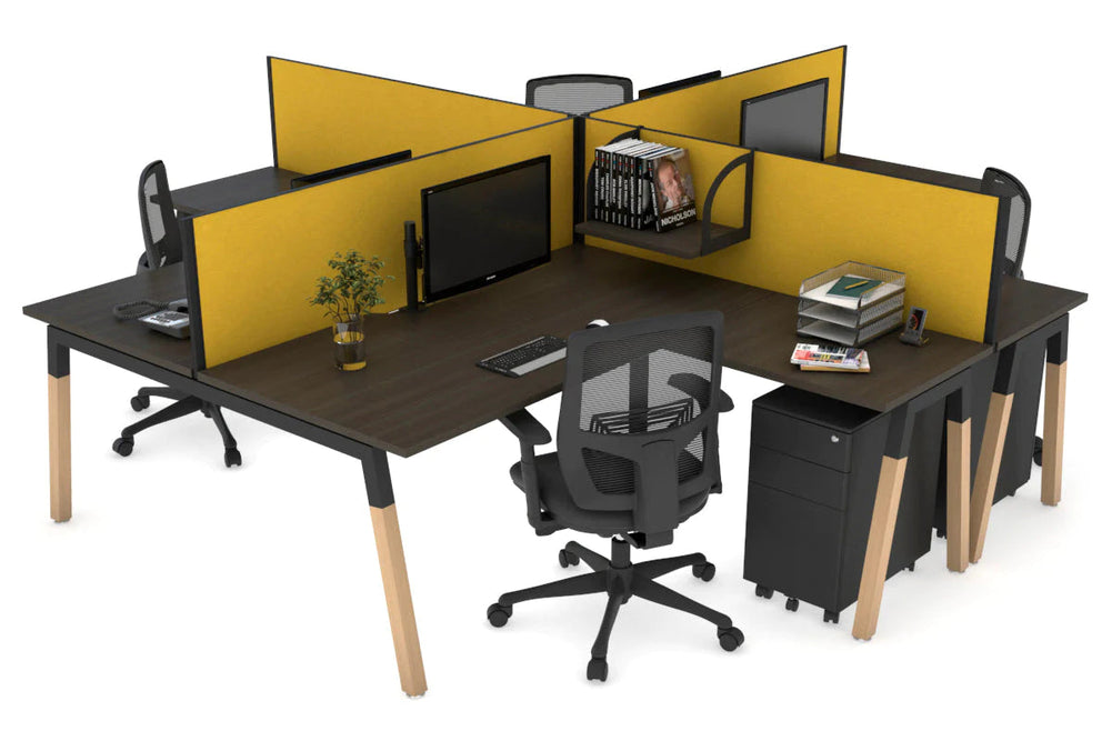 Quadro Wood A Legs Cross Beam 4 Person Corner Workstation [1400L x 1800W with Cable Scallop]-black leg dark oak mustard yellow