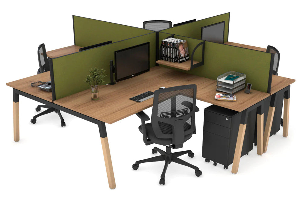 Quadro Wood A Legs Cross Beam 4 Person Corner Workstation [1400L x 1800W with Cable Scallop]-black leg salvage oak green moss