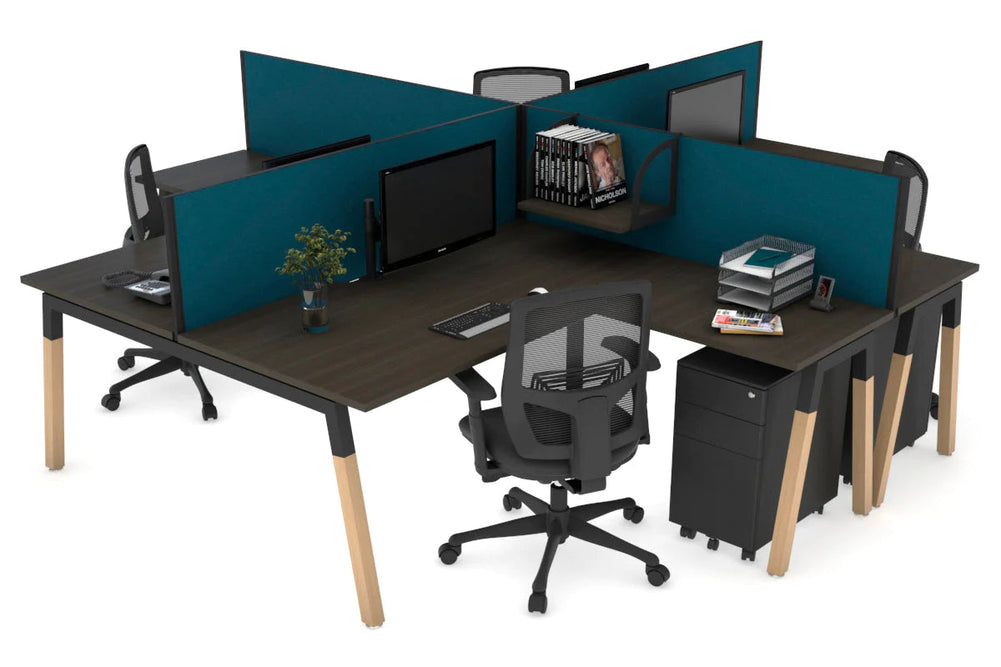 Quadro Wood A Legs Cross Beam 4 Person Corner Workstation [1400L x 1800W with Cable Scallop]-black leg dark oak deep blue