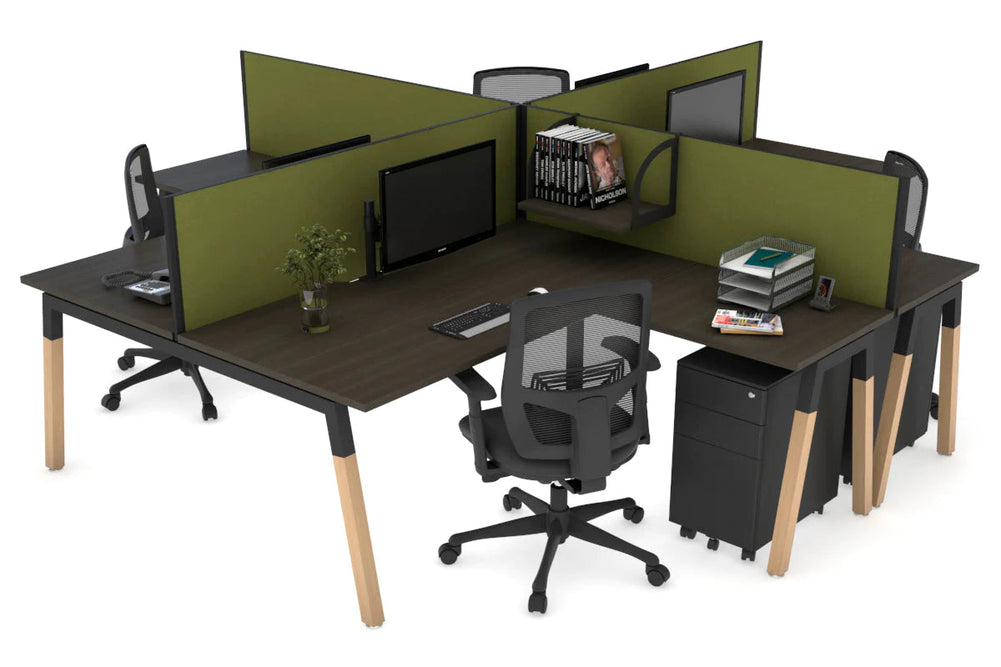 Quadro Wood A Legs Cross Beam 4 Person Corner Workstation [1400L x 1800W with Cable Scallop]-black leg dark oak green moss