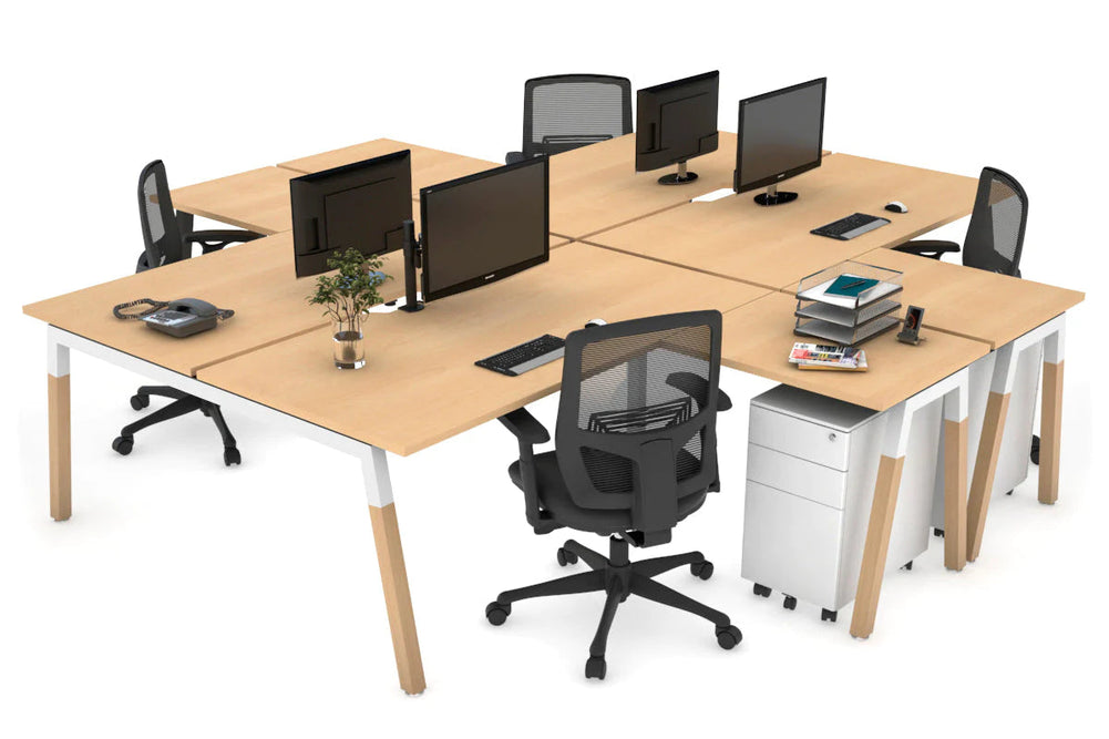 Quadro Wood A Legs Cross Beam 4 Person Corner Workstation [1400L x 1800W with Cable Scallop]-white leg maple none