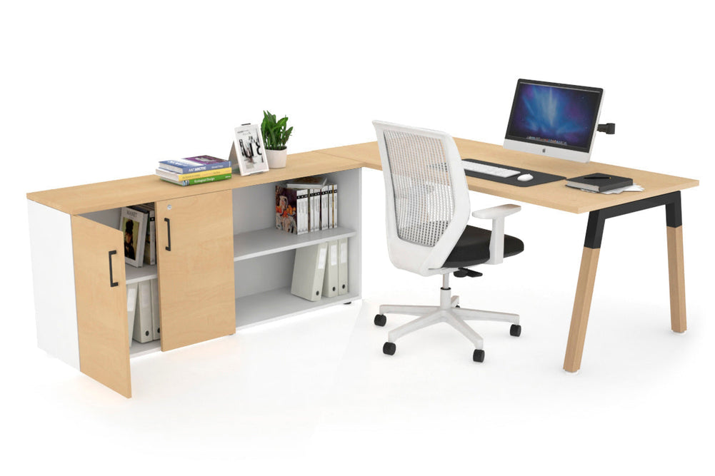 Quadro A Legs Executive Setting - Wood Legs Black Cross Beam [1600L x 700W]-maple none 2 door open storage cabinet