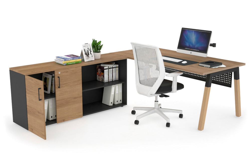 Quadro A Legs Executive Setting - Wood Legs Black Cross Beam [1600L x 700W]-salvage oak black modesty 2 door open storage cabinet