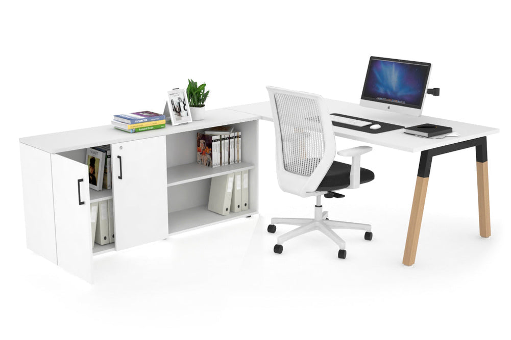 Quadro A Legs Executive Setting - Wood Legs Black Cross Beam [1600L x 700W]-white none 2 door open storage cabinet