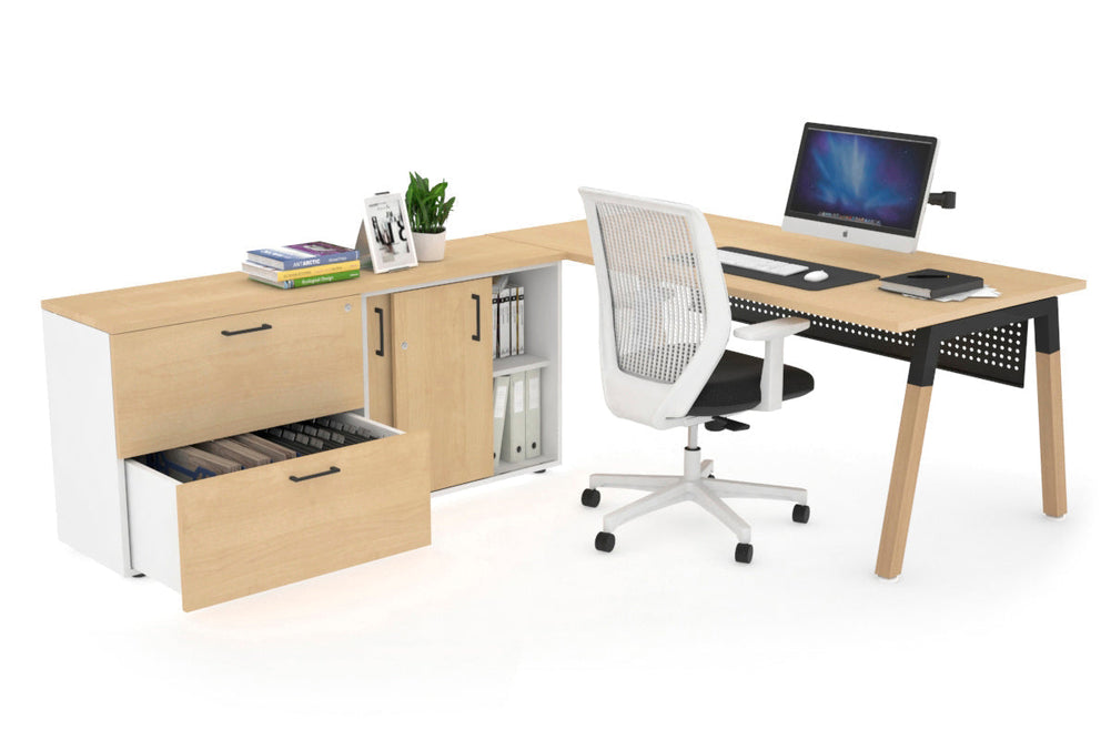 Quadro A Legs Executive Setting - Wood Legs Black Cross Beam [1600L x 700W]-maple black modesty 2 drawer lateral sliding door credenza