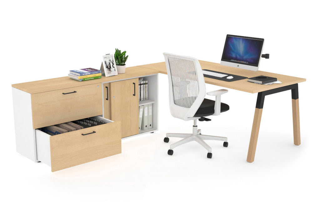 Quadro A Legs Executive Setting - Wood Legs Black Cross Beam [1600L x 700W]-maple none 2 drawer lateral sliding door credenza