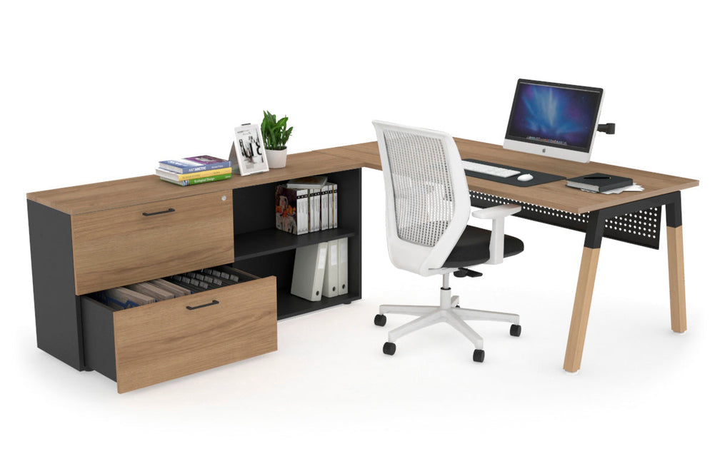 Quadro A Legs Executive Setting - Wood Legs Black Cross Beam [1600L x 700W]-salvage oak black modesty 2 drawer open filing cabinet