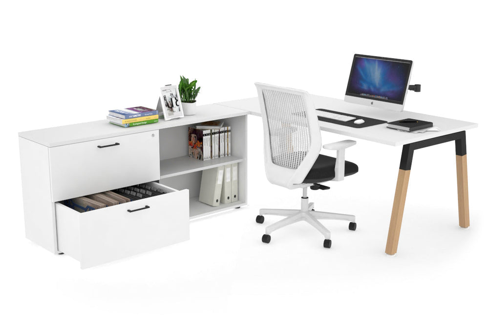 Quadro A Legs Executive Setting - Wood Legs Black Cross Beam [1600L x 700W]-white none 2 drawer open filing cabinet