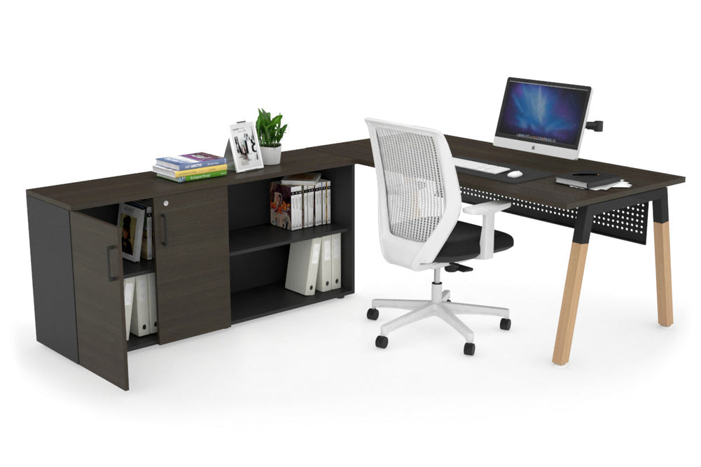 Quadro A Legs Executive Setting - Wood Legs Black Cross Beam [1600L x 700W]-dark oak black modesty 2 door open storage cabinet