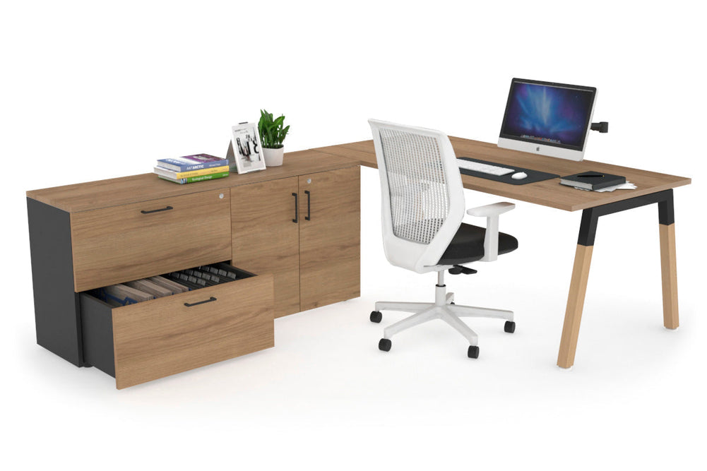 Quadro A Legs Executive Setting - Wood Legs Black Cross Beam [1600L x 700W]-salvage oak none 2 drawer 2 door filing cabinet