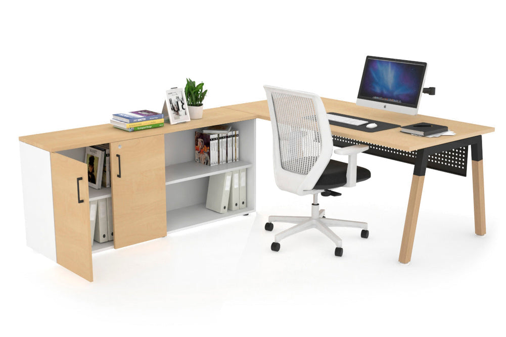 Quadro A Legs Executive Setting - Wood Legs Black Cross Beam [1600L x 700W]-maple black modesty 2 door open storage cabinet