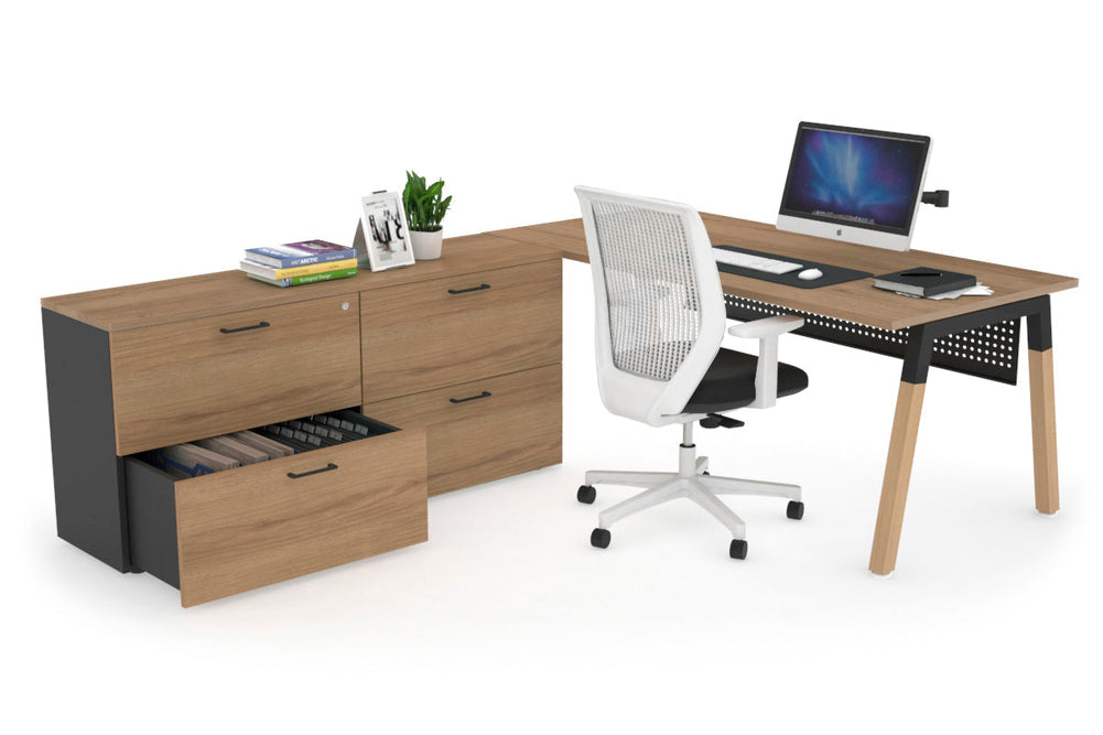 Quadro A Legs Executive Setting - Wood Legs Black Cross Beam [1600L x 700W]-salvage oak black modesty 4 drawer lateral filing cabinet