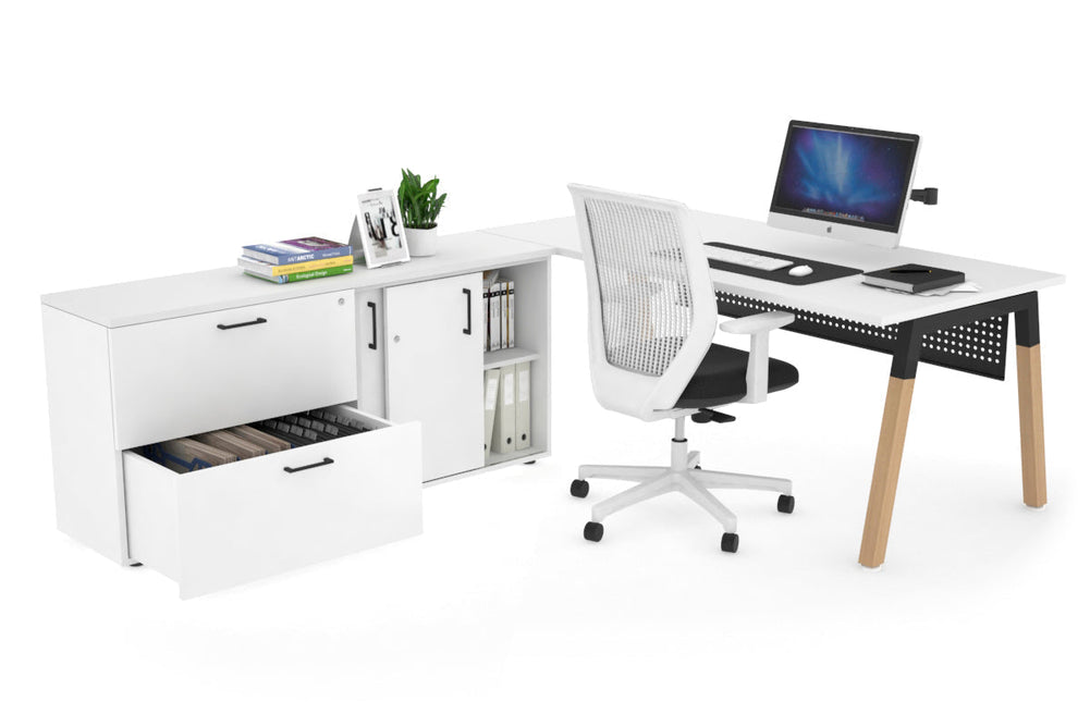 Quadro A Legs Executive Setting - Wood Legs Black Cross Beam [1600L x 700W]-white black modesty 2 drawer lateral sliding door credenza