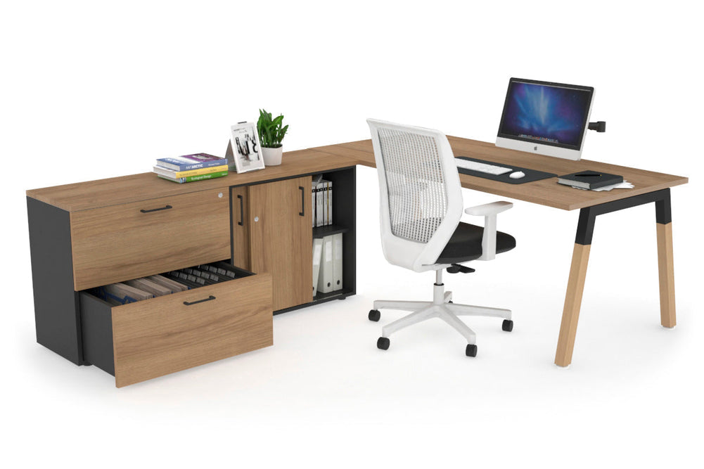 Quadro A Legs Executive Setting - Wood Legs Black Cross Beam [1600L x 700W]-salvage oak none 2 drawer lateral sliding door credenza