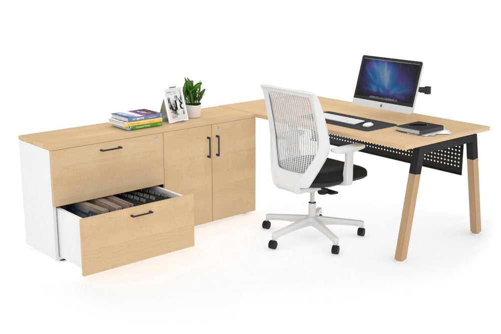 Quadro A Legs Executive Setting - Wood Legs Black Cross Beam [1600L x 700W]-maple black modesty 2 drawer 2 door filing cabinet