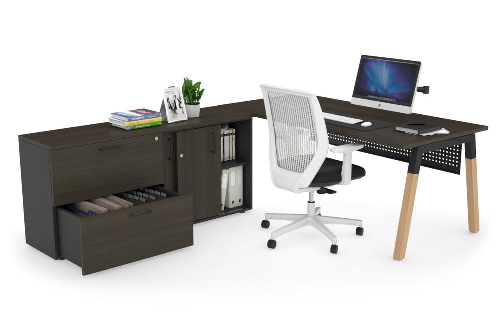 Quadro A Legs Executive Setting - Wood Legs Black Cross Beam [1600L x 700W]-dark oak black modesty 2 drawer lateral sliding door credenza