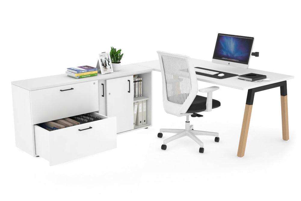 Quadro A Legs Executive Setting - Wood Legs Black Cross Beam [1600L x 700W]-white none 2 drawer lateral sliding door credenza