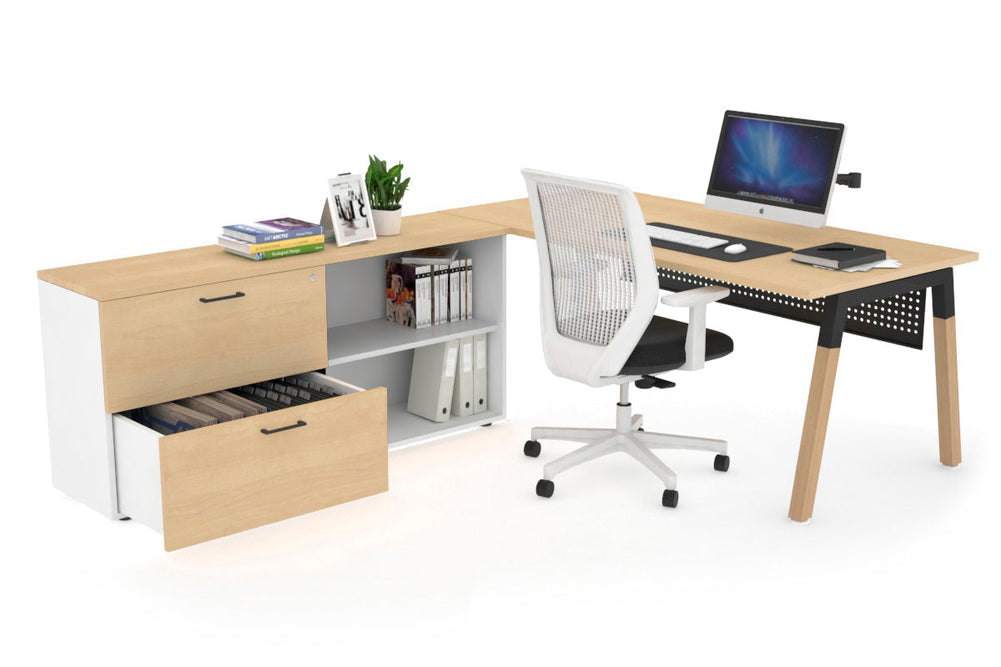 Quadro A Legs Executive Setting - Wood Legs Black Cross Beam [1600L x 700W]-maple black modesty 2 drawer open filing cabinet