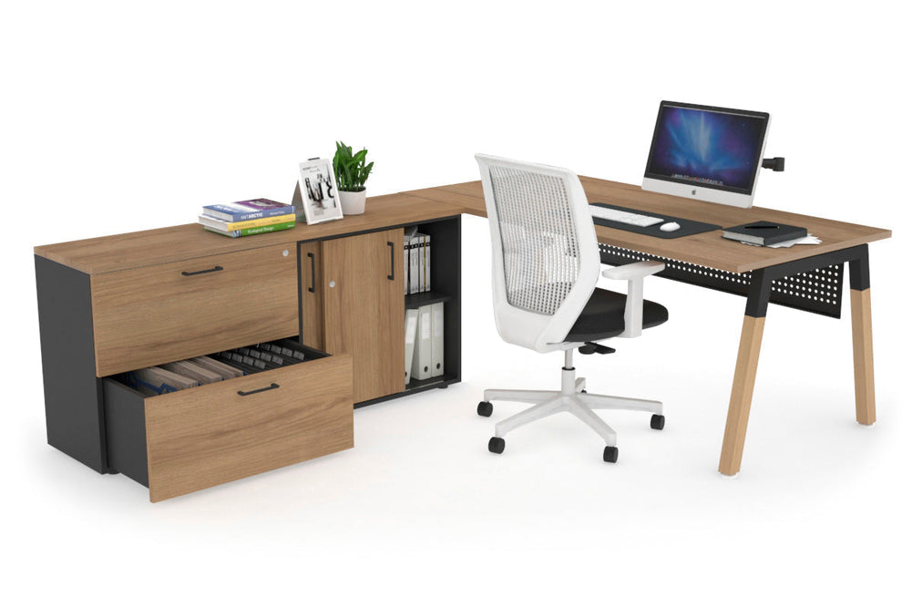 Quadro A Legs Executive Setting - Wood Legs Black Cross Beam [1600L x 700W]-salvage oak black modesty 2 drawer lateral sliding door credenza