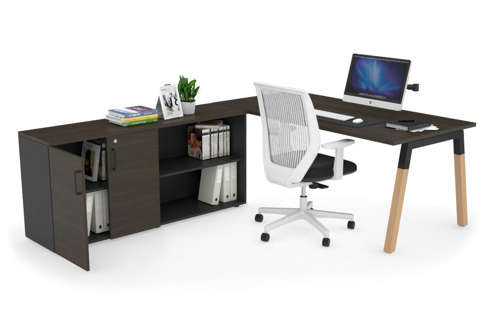 Quadro A Legs Executive Setting - Wood Legs Black Cross Beam [1600L x 700W]-dark oak none 2 door open storage cabinet