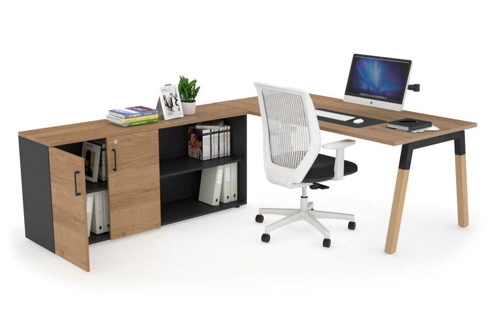 Quadro A Legs Executive Setting - Wood Legs Black Cross Beam [1600L x 700W]-salvage oak none 2 door open storage cabinet