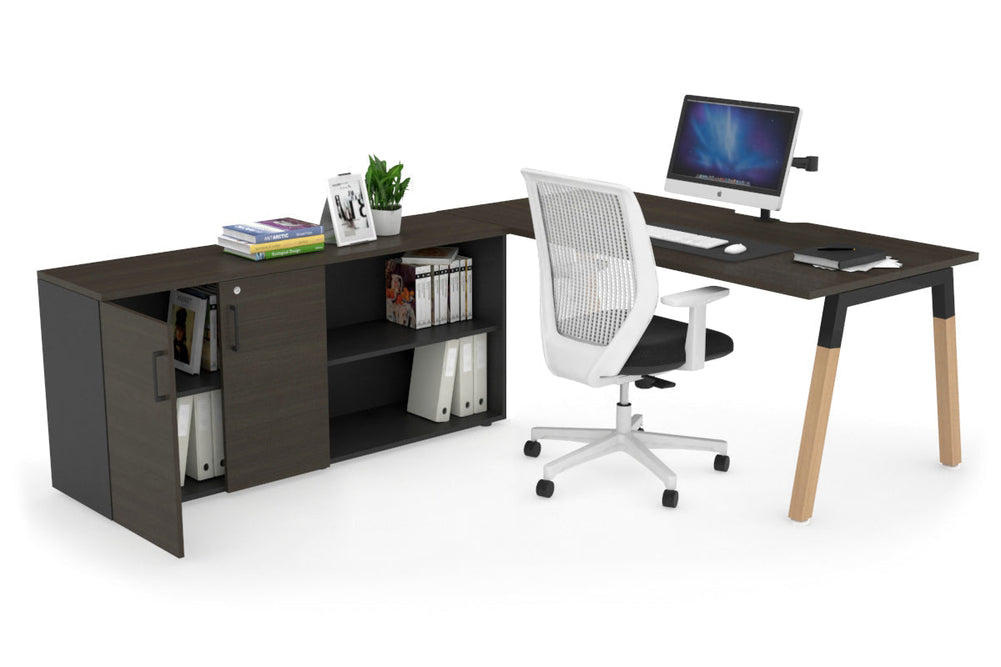 Quadro A Legs Executive Setting - Wood Legs Black Cross Beam [1600L x 800W with Cable Scallop]-dark oak none 2 door open storage cabinet