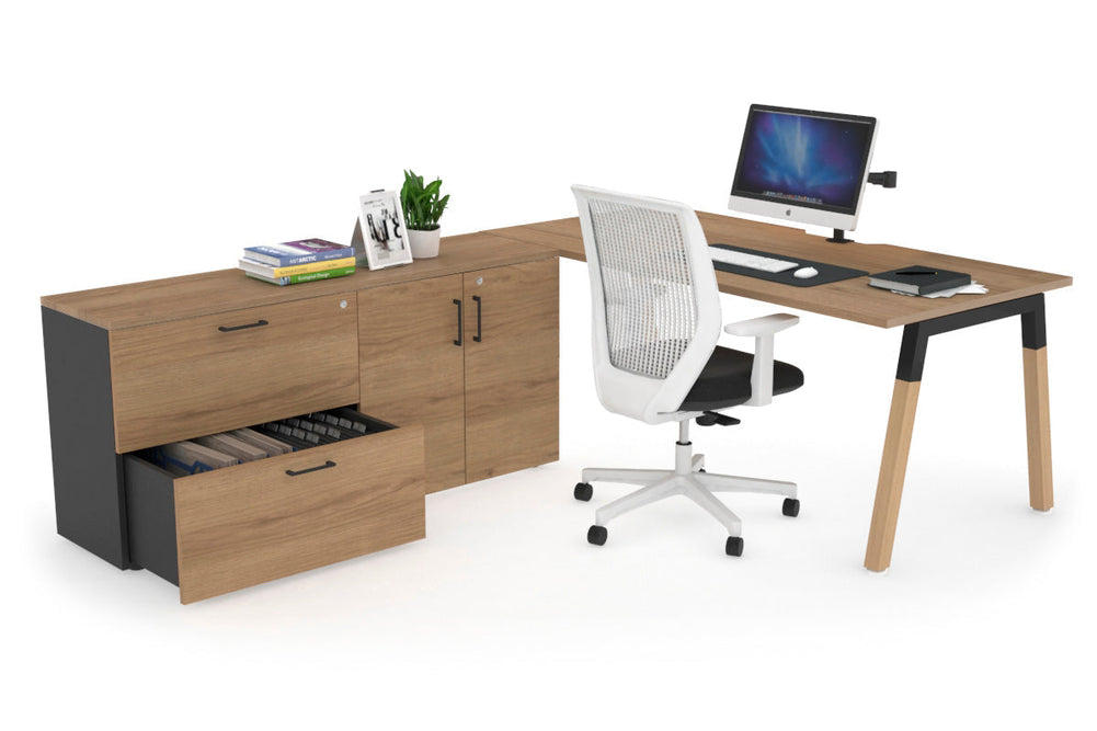Quadro A Legs Executive Setting - Wood Legs Black Cross Beam [1600L x 800W with Cable Scallop]-salvage oak none 2 drawer 2 door filing cabinet