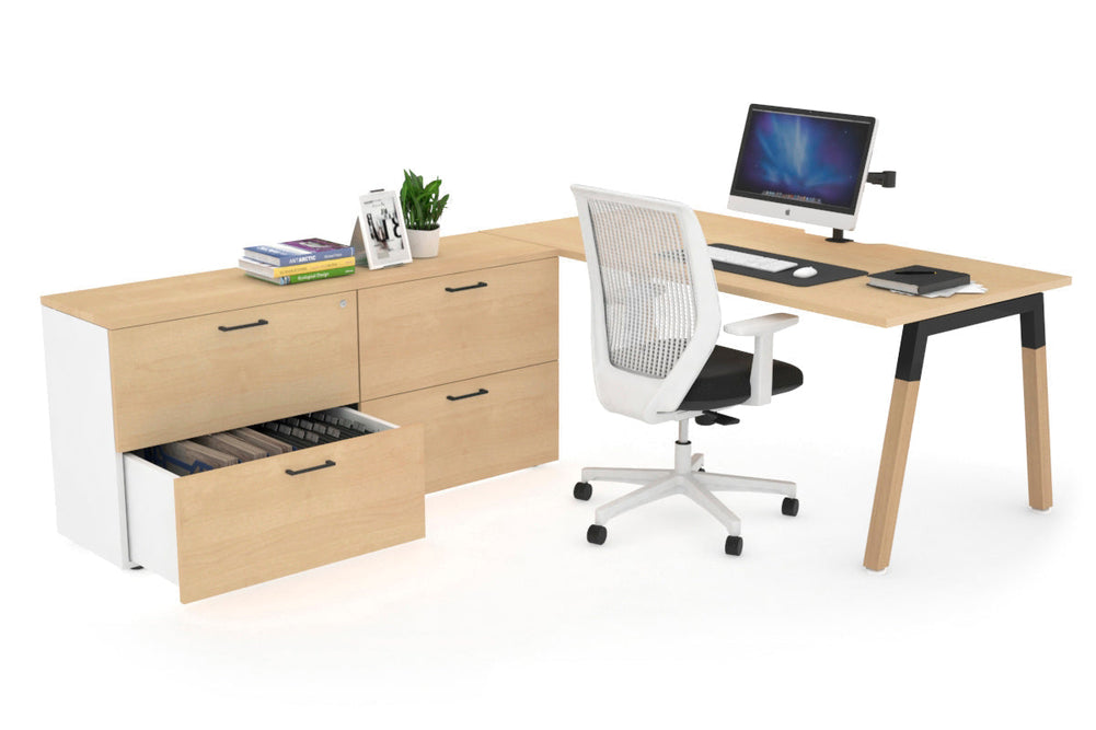 Quadro A Legs Executive Setting - Wood Legs Black Cross Beam [1600L x 800W with Cable Scallop]-maple none 4 drawer lateral filing cabinet