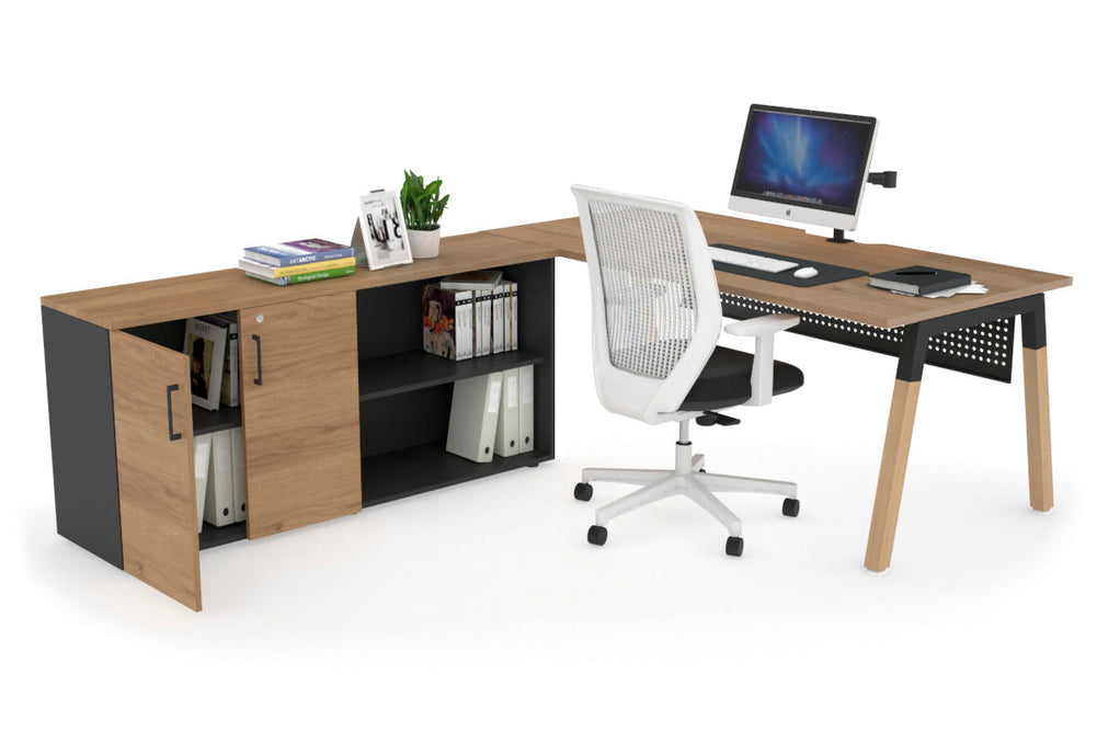 Quadro A Legs Executive Setting - Wood Legs Black Cross Beam [1600L x 800W with Cable Scallop]-salvage oak black modesty 2 door open storage cabinet
