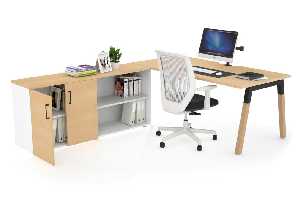 Quadro A Legs Executive Setting - Wood Legs Black Cross Beam [1600L x 800W with Cable Scallop]-maple none 2 door open storage cabinet