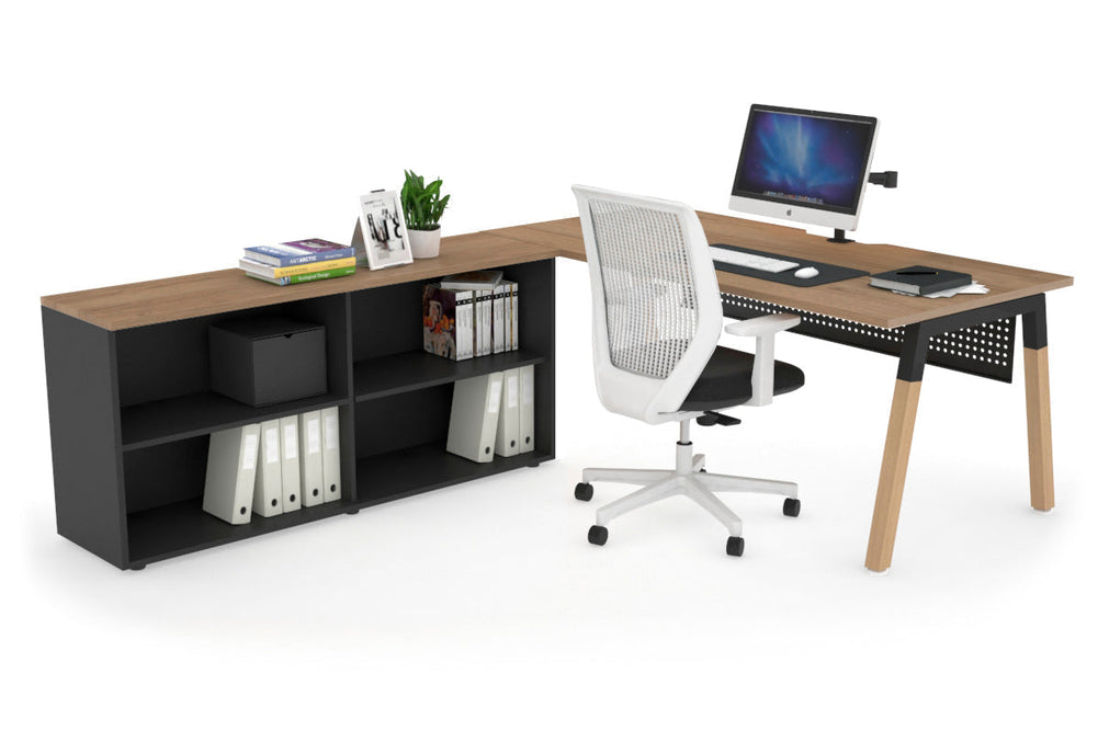 Quadro A Legs Executive Setting - Wood Legs Black Cross Beam [1600L x 800W with Cable Scallop]-salvage oak black modesty open bookcase