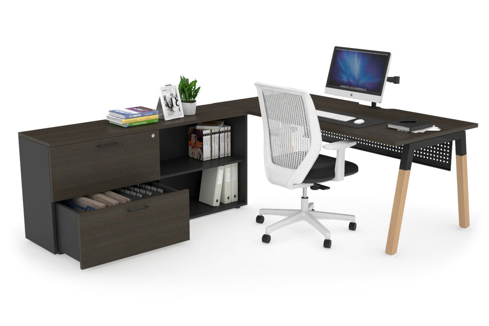 Quadro A Legs Executive Setting - Wood Legs Black Cross Beam [1600L x 800W with Cable Scallop]-dark oak black modesty 2 drawer open filing cabinet